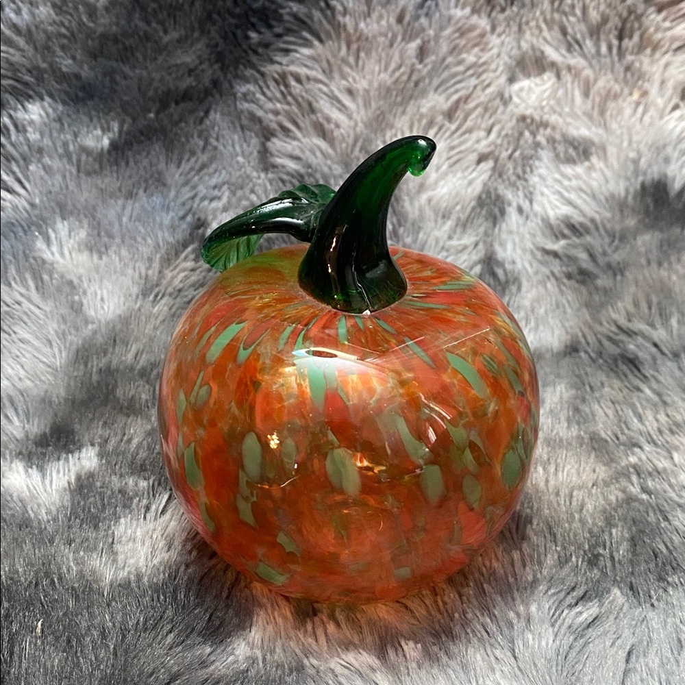 Handblown Orange Glass Pumpkin with Green Stem - Home Art